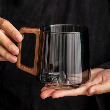 Glass Coffee Mug with Smoked Glass and Walnut Handle