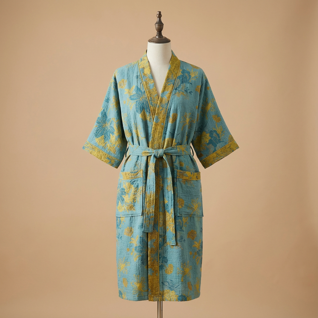 Ladies' Kimono Bathrobe with Botanical Pattern in Organic Cotton