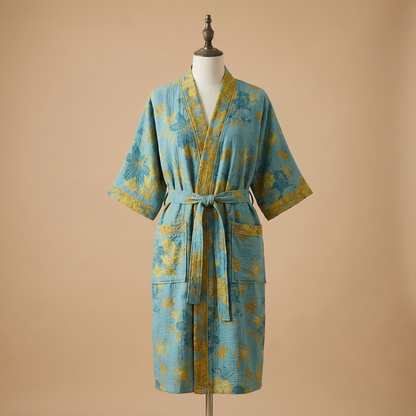 Ladies' Kimono Bathrobe with Botanical Pattern in Organic Cotton