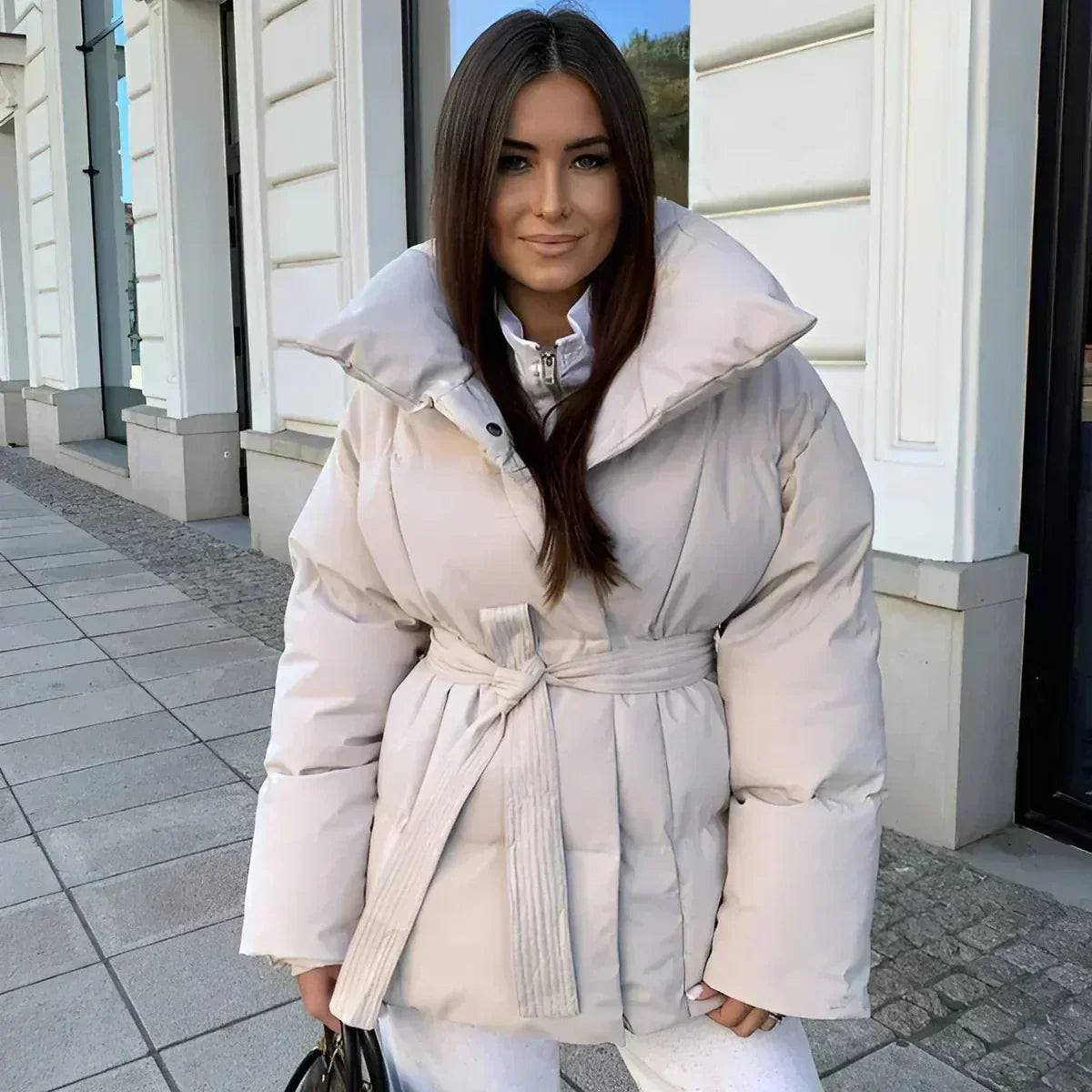 Stand with Ladies Padded Winter Jacket with Belt and Up Collar with Warm and Stylish Design